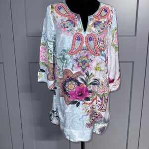 Soft Surroundings Beaded Paisley Floral Tunic Top Multi-Color 3/4 Sleeve Small